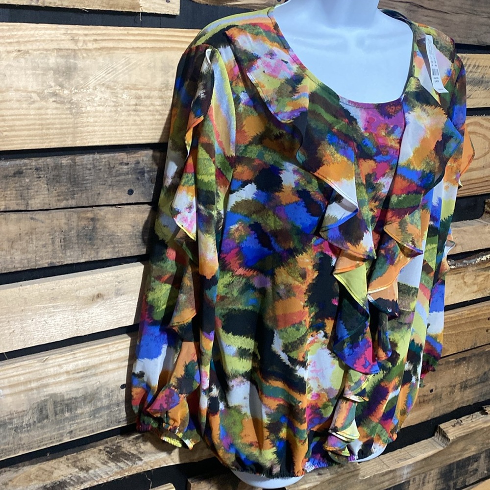 NewYork & Co. Women's Multicolor Round Neck Long Sleeve Ruffle Blouse Size Large - Picture 3 of 8